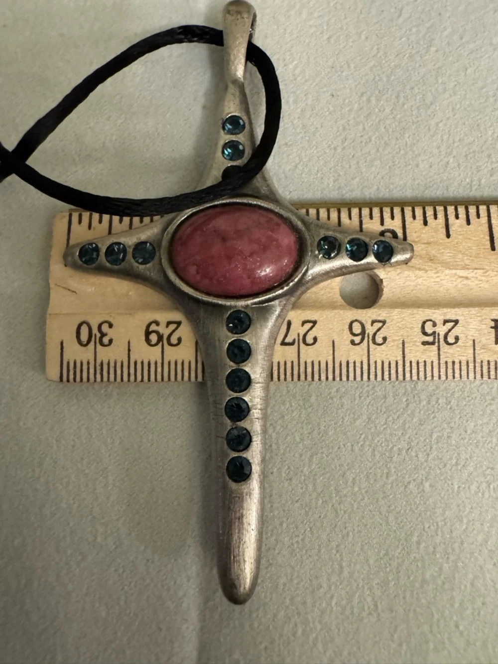 Antiqued Silver-Tone Cross Pendant Necklace w/ Pink and Blue Accent Stones